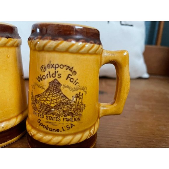1974 World's Fair Spokane, USA Salt & Pepper Ceramic Mug Shaker Set, Japan - Picture 3 of 7